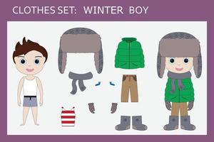 um conjunto de roupas para um menino alegre para camiseta de inverno, calça, jaqueta, chapéu, cachecol, luvas, botas, suéter. roupa de criança para o inverno
