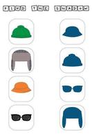 encontre a sombra correta com chapéu, panamá, óculos de sol. jogo educativo para crianças. vetor