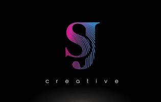 design de logotipo sj com várias linhas e cores azuis roxas. vetor