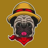 pug usando chapéu de palha e ilustração vetorial de bandana vetor