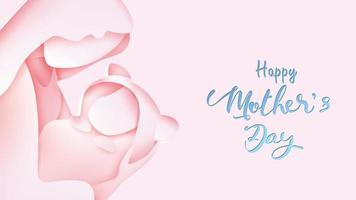 cartão de feliz dia das mães. estilo de corte de papel linda mãe sorrindo e segurando um bebê saudável cheio de felicidade em fundo rosa. ilustração vetorial. copie o espaço para banner de texto. - vetor