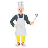 um chef masculino alegre dos desenhos animados detém uma concha. sorridente velho chef destacado em um fundo branco. ilustração vetorial para menus, jogos ou banners. vetor