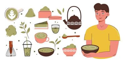 chá verde matcha é servido e bebido por um jovem. cultura do chá japonês. matcha latte é uma bebida saudável. grande conjunto de vários produtos de chá matcha. ilustração de moda cor vetor desenhados à mão.