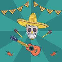 caveira mexicana com maracas e uma guitarra. mão desenhada ilustração vetorial plana. vetor