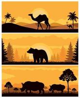 banners horizontais abstratos do sol de camelos selvagens, ursos e rinocerontes na savana africana com árvores. vetor