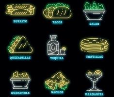 conjunto de ícones de comida mexicana vetor neon