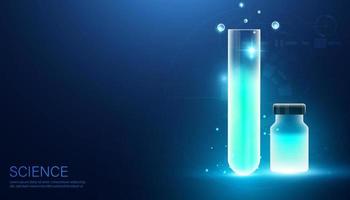 ciência abstrata experiência de garrafa de vidro experimento de conceito de ciência novas coisas solução química várias em fundo futuro azul de alta tecnologia. vetor
