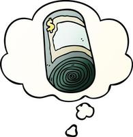 rolo de desenho animado de dinheiro e balão de pensamento em estilo gradiente suave vetor