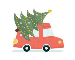carro vermelho está dirigindo uma árvore de natal ornamentada. linda estampa ingênua. feriados de ano novo. design elegante para impressão, tecido, decoração, embrulho. ilustração vetorial, rabisco vetor