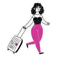 uma garota com uma mala, um turista, um viajante. arte de linha, estilo de desenho animado, ilustração vetorial vetor