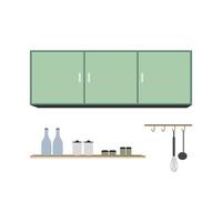 armários de cozinha, móveis de design de interiores. armários, utensílios de cozinha e prateleiras são montados em uma parede de fundo branco. ilustração vetorial vetor