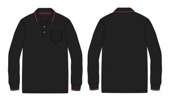 camisa polo de manga comprida com bolso técnico moda esboço plano ilustração vetorial cor preta mock up modelo frente e verso vistas isoladas no fundo branco.