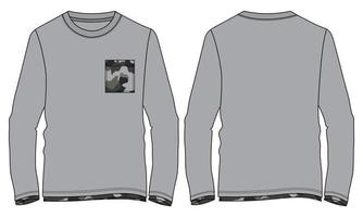 camiseta de manga longa com bolso técnico moda esboço plano ilustração vetorial modelo de cor cinza para homens e meninos