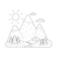 montanhas, rio, abetos e uma tenda no horizonte. paisagem de verão simples em estilo doodle. recreação ao ar livre, caminhadas, camping, turismo. delinear a ilustração em vetor preto branco isolada no branco.