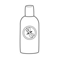 doodle repelente de mosquitos. spray de bolso com um mosquito bloqueado por um sinal de proibição. inseticida para camping, caminhadas, viagens. delinear a ilustração em vetor preto e branco isolada em um fundo branco