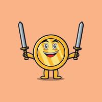 personagem de moeda de ouro bonito dos desenhos animados segurando duas espadas vetor