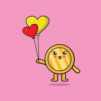 moeda de ouro bonito dos desenhos animados flutuando com balão de amor vetor