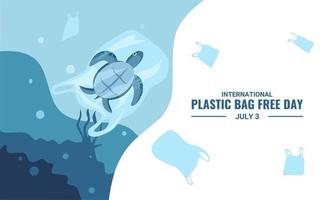 dia internacional sem saco de plástico, diga não ao plástico, salve a natureza, salve o oceano, dia mundial do oceano, tartaruga marinha em um saco plástico, ilustração vetorial.