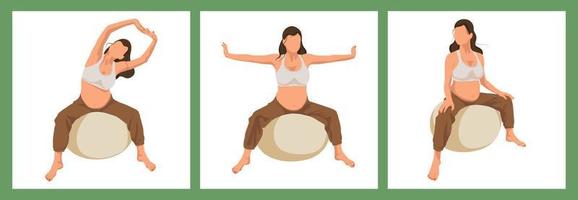 conjunto de exercícios fit ball para mulheres grávidas. garota grávida sem rosto fazendo exercícios de ioga em uma bola de ajuste. exercícios com bola de estabilidade. malhando e fitness, conceito de gravidez. ilustração vetorial. vetor