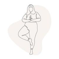 ilustração de arte de linha de ioga positiva do corpo. plus size e mulher positiva do corpo fazem ioga. AME a si mesmo. ilustração vetorial de uma linha. vetor