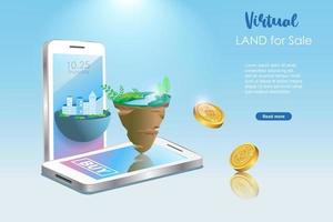 terra virtual metaverse à venda em smartphone com moedas criptográficas caindo. imobiliário digital e tecnologia de investimento em propriedade virtual no ambiente do ciberespaço aumentado do metaverso. vetor