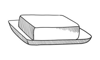 desenho de contorno vetorial de um pedaço de manteiga em um prato em um fundo branco vetor