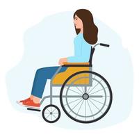 jovem mulher com deficiência sentada na cadeira de rodas isolada no branco. personagem de garota deficiente. viver com deficiência, igualdade de oportunidades. ilustração vetorial plana vetor