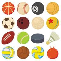 ícones de bolas esportivas definem tipos de jogo, estilo de desenho animado vetor