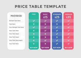 modelo de preços de comparação colorida. preços ou tabela de preços do plano de assinatura. modelo de tabela de preços vetor