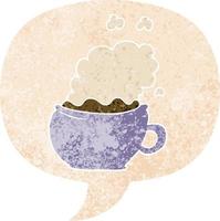 xícara de café quente de desenho animado e bolha de fala em estilo retrô texturizado vetor