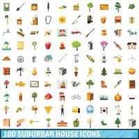 Conjunto de 100 ícones de casa suburbana, estilo cartoon vetor