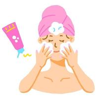 linda mulher linda menina toalha rosa envoltório de cabelo ícone de produto de cuidados com a pele rotina matinal espuma de limpeza tubo de passo chicote chicote ilustração vetorial isolado vetor