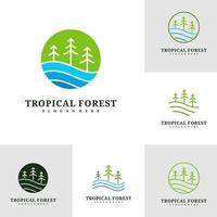 conjunto de modelo de vetor de design de logotipo de pinheiro, ilustração de conceitos de logotipo de floresta tropical.