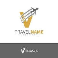 avião com vetor de design de logotipo letra v, ilustração de modelo de conceitos de logotipo de viagens criativas.