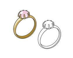 anel de ouro com pérolas rosa. desenho linear em um fundo branco vetor