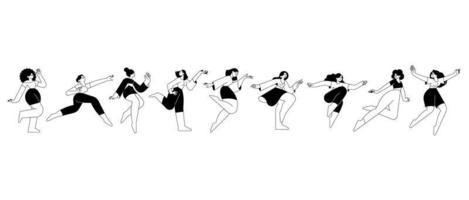conjunto de design de estilo de linha de mulheres em diferentes poses e movimentos, correndo, dançando, pulando, exercitando. ilustrações vetoriais de liberdade, felicidade, prazer da vida para design gráfico e web. vetor