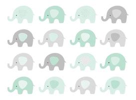 conjunto de vetores de elefante bebê. elefantes fofos com orelhas estampadas. menta e cinza.