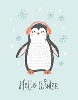 ilustração em vetor personagem pinguim bonitinho. pinguim desenhado à mão de natal em protetores de ouvido de inverno com flocos de neve. design de cartão de férias de inverno.