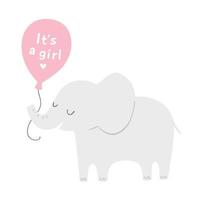 elefante fofo com um balão rosa para convites ou cartazes de chá de bebê. é uma menina. ilustração vetorial. vetor