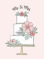 ilustração de bolo de casamento com a frase mr e mrs. desenho vetorial para convites e cartões. bolo floral romântico. vetor