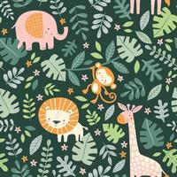 animais fofos da selva e folhas padrão sem emenda. crianças de verão ilustração de fundo vector. folhagem da floresta tropical. vetor