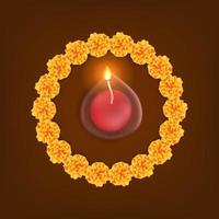 diwali festival de luz com decoração de moldura de flor de calêndula com fundo laranja vetor