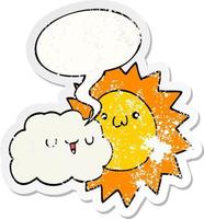 adesivo angustiado de sol e nuvem de desenho animado e bolha de fala vetor
