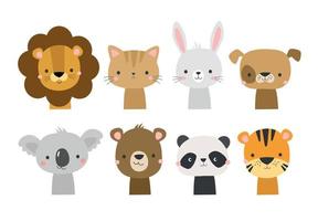 rostos de animais fofos no estilo desenhado à mão dos desenhos animados. ilustração de personagem vetorial para bebê, cartão infantil, pôster, convite, vestuário, decoração de berçário. coala, leão, cachorro, coelho, urso, panda, tigre, gato. vetor