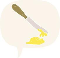 faca de desenho animado espalhando manteiga e bolha de fala em estilo retrô vetor