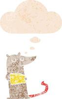 rato de desenho animado com queijo e balão de pensamento em estilo retrô-texturizado vetor