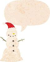 boneco de neve de natal dos desenhos animados e bolha de fala em estilo retrô texturizado vetor