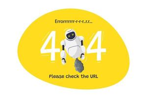 página do site não encontrado erro de url 404. personagem robô quebrado em fundo amarelo. acidente de site no modelo de design de web de trabalho técnico com mascote de chatbot. falha de assistência de bot online de desenho animado. vetor