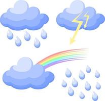 ilustração vetorial. um conjunto de ícones indicando o clima, nuvens, chuva, trovoada, arco-íris em um fundo transparente vetor