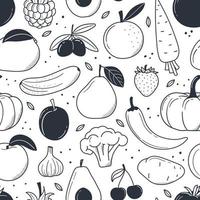 frutas sem costura padrão, legumes em estilo doodle. padrão monocromático vetor